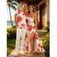 Vacation Couple Outfit Watercolor Floral Print Lace Hollow Out Spaghetti Strap Slit Dress and Shirt Set - Orange Foncé S | US 4