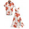 Vacation Couple Outfit Watercolor Floral Print Lace Hollow Out Spaghetti Strap Slit Dress and Shirt Set - Orange Foncé S | US 4