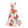 Vacation Couple Outfit Watercolor Floral Print Lace Hollow Out Spaghetti Strap Slit Dress and Shirt Set - Orange Foncé S | US 4