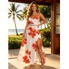 Vacation Couple Outfit Watercolor Floral Print Lace Hollow Out Spaghetti Strap Slit Dress and Shirt Set - Orange Foncé S | US 4