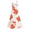 Vacation Couple Outfit Watercolor Floral Print Lace Hollow Out Spaghetti Strap Slit Dress and Shirt Set - Orange Foncé S | US 4