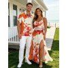 Vacation Couple Outfit Ink Painting Flower Print Lace Hollow Out Spaghetti Strap Slit Dress and Shirt Set - Orange Foncé S | US 4