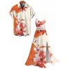 Vacation Couple Outfit Ink Painting Flower Print Lace Hollow Out Spaghetti Strap Slit Dress and Shirt Set - Orange Foncé S | US 4