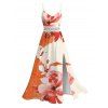 Vacation Couple Outfit Ink Painting Flower Print Lace Hollow Out Spaghetti Strap Slit Dress and Shirt Set - Orange Foncé S | US 4