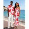 Vacation Couple Outfit Watercolor Tie Dye Rose Floral Print Crisscross Mesh Spaghetti Strap Bodycon Mermaid Maxi Dress and Shirt Set - Rose clair S | US 4