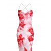 Vacation Couple Outfit Watercolor Tie Dye Rose Floral Print Crisscross Mesh Spaghetti Strap Bodycon Mermaid Maxi Dress and Shirt Set - Rose clair S | US 4