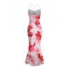 Vacation Couple Outfit Watercolor Tie Dye Rose Floral Print Crisscross Mesh Spaghetti Strap Bodycon Mermaid Maxi Dress and Shirt Set - Rose clair S | US 4