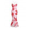 Vacation Couple Outfit Watercolor Tie Dye Rose Floral Print Crisscross Mesh Spaghetti Strap Bodycon Mermaid Maxi Dress and Shirt Set - Rose clair S | US 4