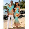 Vacation Couple Outfit Lily Floral Print Ombre Crisscross Mesh Spaghetti Strap Bodycon Mermaid Maxi Dress and Shirt Set - Turquoise S | US 4