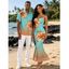 Vacation Couple Outfit Lily Floral Print Ombre Crisscross Mesh Spaghetti Strap Bodycon Mermaid Maxi Dress and Shirt Set - Turquoise S | US 4