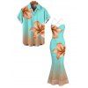 Vacation Couple Outfit Lily Floral Print Ombre Crisscross Mesh Spaghetti Strap Bodycon Mermaid Maxi Dress and Shirt Set - Turquoise S | US 4