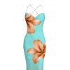 Vacation Couple Outfit Lily Floral Print Ombre Crisscross Mesh Spaghetti Strap Bodycon Mermaid Maxi Dress and Shirt Set - Turquoise S | US 4