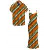 Vacation Vintage Couple Outfit Colorblock Bias Striped Print Spaghetti Strap Bodycon Maxi Dress and Shirt Set - multicolor A S | US 4