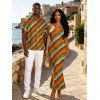 Vacation Vintage Couple Outfit Colorblock Bias Striped Print Spaghetti Strap Bodycon Maxi Dress and Shirt Set - multicolor A S | US 4