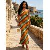 Vacation Vintage Couple Outfit Colorblock Bias Striped Print Spaghetti Strap Bodycon Maxi Dress and Shirt Set - multicolor A S | US 4