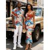 Beach Vacation Couple Outfit Colorblock Tropical Abstract Flower Print Spaghetti Strap Maxi Bodycon Dress and Shirt Set - Orange Foncé S | US 4