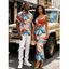 Beach Vacation Couple Outfit Colorblock Tropical Abstract Flower Print Spaghetti Strap Maxi Bodycon Dress and Shirt Set - Orange Foncé S | US 4