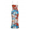 Beach Vacation Couple Outfit Colorblock Tropical Abstract Flower Print Spaghetti Strap Maxi Bodycon Dress and Shirt Set - Orange Foncé S | US 4