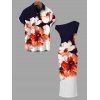 Hawaiian Vacation Couple Outfit Contrast Color Watercolor Flower Print Ruched One Shoulder Bodycon Maxi Dress and Shirt Set - Bleu de Minuit S | US 4