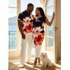 Hawaiian Vacation Couple Outfit Contrast Color Watercolor Flower Print Ruched One Shoulder Bodycon Maxi Dress and Shirt Set - Bleu de Minuit S | US 4