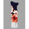 Hawaiian Vacation Couple Outfit Contrast Color Watercolor Flower Print Ruched One Shoulder Bodycon Maxi Dress and Shirt Set - Bleu de Minuit S | US 4