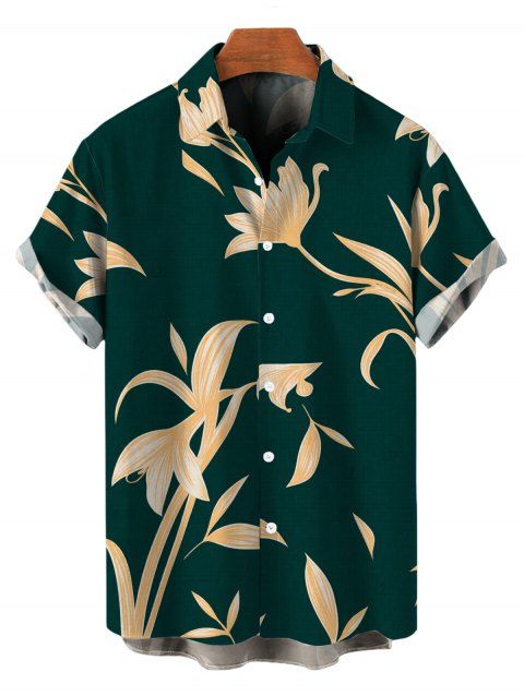 Men's Vacation Shirt Golden Hand‑Drawn Orchid Floral Print Button Up Shirt
