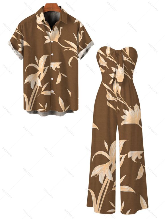 Vacation Couple Outfit Hand‑Drawn Orchid Floral Print Pocket Off the Shoulder Jumpsuit and Shirt Set - café S | US 4