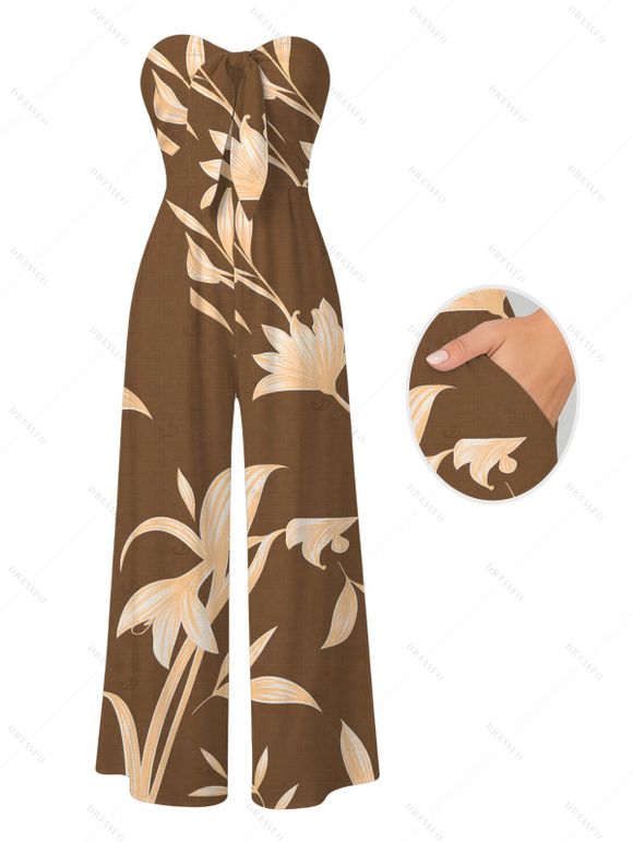 Vacation Couple Outfit Hand‑Drawn Orchid Floral Print Pocket Off the Shoulder Jumpsuit and Shirt Set - café S | US 4