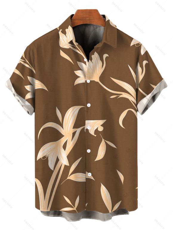 Vacation Couple Outfit Hand‑Drawn Orchid Floral Print Pocket Off the Shoulder Jumpsuit and Shirt Set - café S | US 4