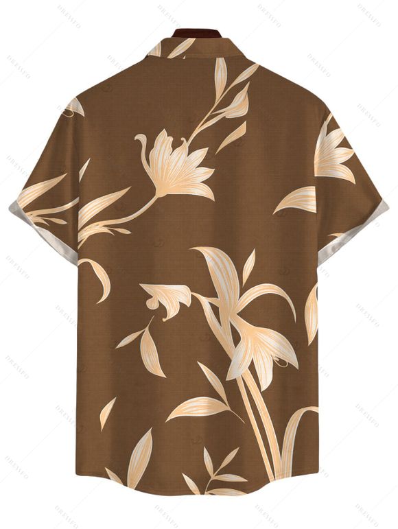 Vacation Couple Outfit Hand‑Drawn Orchid Floral Print Pocket Off the Shoulder Jumpsuit and Shirt Set - café S | US 4