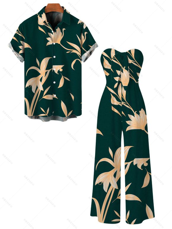 Vacation Couple Outfit Hand‑Drawn Orchid Floral Print Pocket Off the Shoulder Jumpsuit and Shirt Set - Vert profond S | US 4