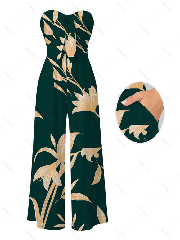 Vacation Couple Outfit Hand‑Drawn Orchid Floral Print Pocket Off the Shoulder Jumpsuit and Shirt Set - Vert profond S | US 4