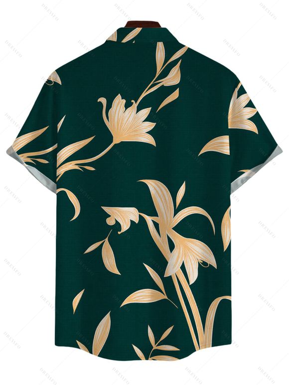 Vacation Couple Outfit Hand‑Drawn Orchid Floral Print Pocket Off the Shoulder Jumpsuit and Shirt Set - Vert profond S | US 4