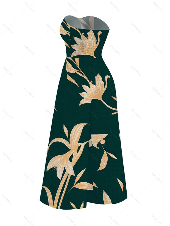 Vacation Jumpsuit Golden Hand‑Drawn Orchid Floral Print Pocket Off the Shoulder Jumpsuit - Vert profond XXL | US 14