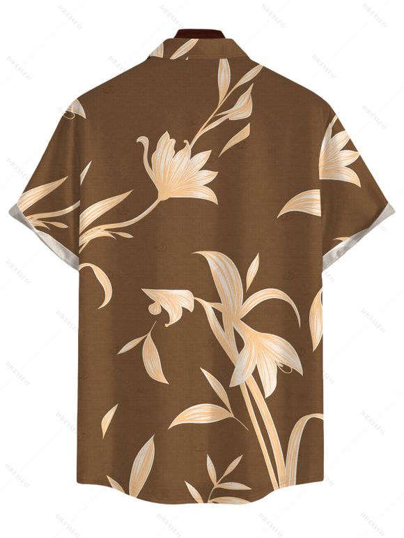 Men's Vacation Shirt Golden Hand‑Drawn Orchid Floral Print Button Up Shirt - café 5XL