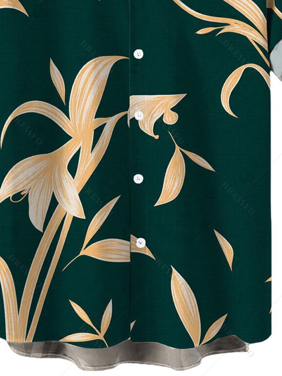Men's Vacation Shirt Golden Hand‑Drawn Orchid Floral Print Button Up Shirt - Vert profond 5XL