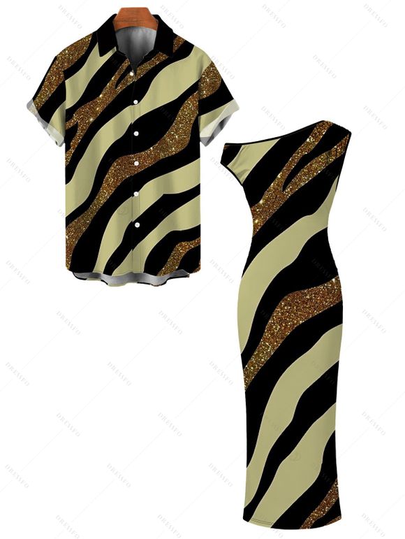 Vacation Couple Outfit Colorblock Sequied Zebra Print Ruched One Shoulder Bodycon Dress and Shirt Set - Vert Armée S | US 4