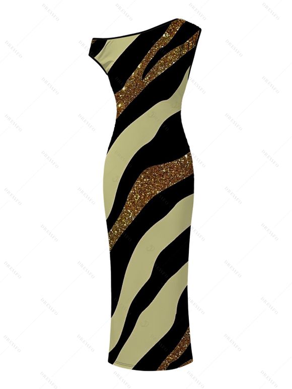 Vacation Couple Outfit Colorblock Sequied Zebra Print Ruched One Shoulder Bodycon Dress and Shirt Set - Vert Armée S | US 4