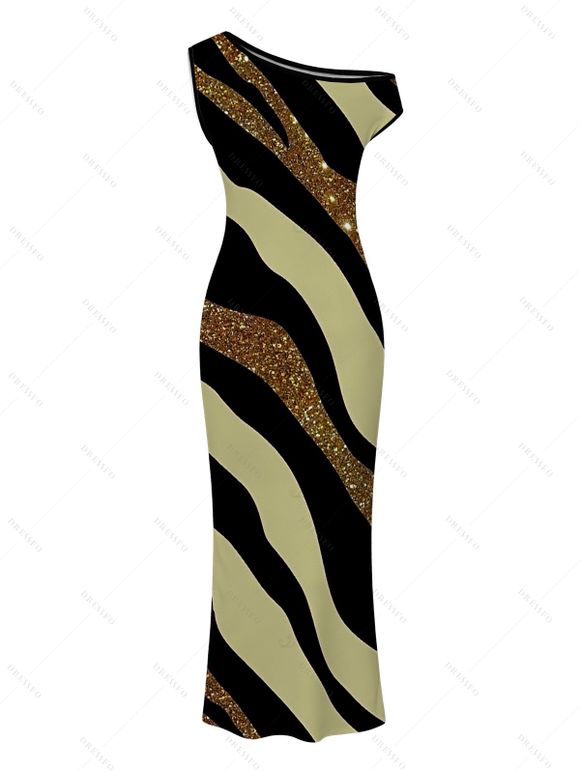 Vacation Couple Outfit Colorblock Sequied Zebra Print Ruched One Shoulder Bodycon Dress and Shirt Set - Vert Armée S | US 4
