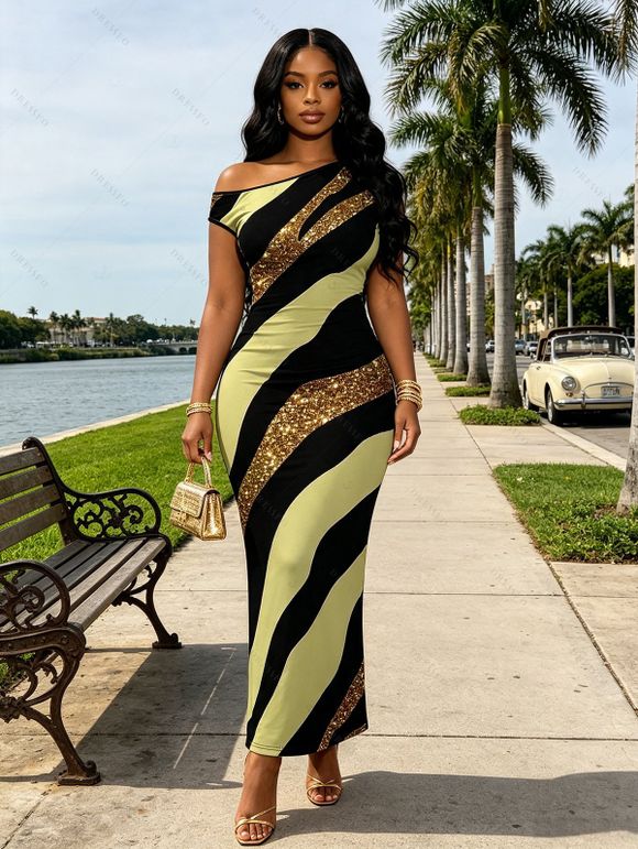 Vacation Dress Colorblock Sequied Zebra Print Ruched One Shoulder Bodycon Dress - Vert Armée XXL | US 14