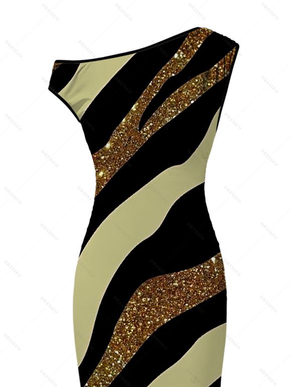 Vacation Dress Colorblock Sequied Zebra Print Ruched One Shoulder Bodycon Dress - Vert Armée XXL | US 14
