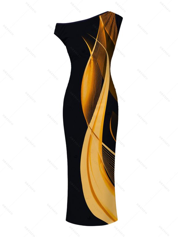Vacation Dress Abstract Fluid Print Ruched One Shoulder Bodycon Dress - Noir XXL | US 14