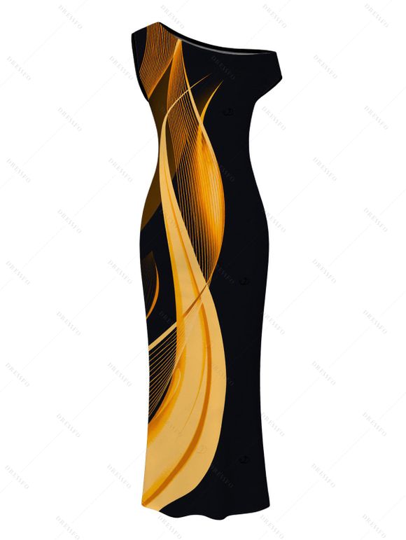Vacation Dress Abstract Fluid Print Ruched One Shoulder Bodycon Dress - Noir XXL | US 14