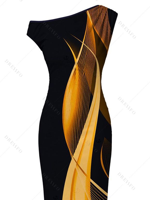 Vacation Dress Abstract Fluid Print Ruched One Shoulder Bodycon Dress - Noir XXL | US 14