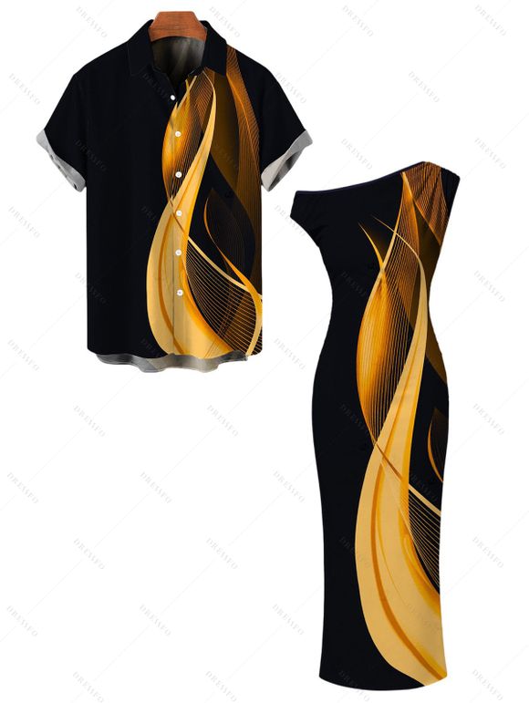 Vacation Couple Outfit Abstract Fluid Print Ruched One Shoulder Bodycon Dress and Shirt Set - Noir S | US 4