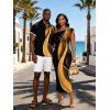 Vacation Couple Outfit Abstract Fluid Print Ruched One Shoulder Bodycon Dress and Shirt Set - Noir S | US 4