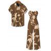 Vacation Couple Outfit Hand‑Drawn Orchid Floral Print Pocket Off the Shoulder Jumpsuit and Shirt Set - café S | US 4
