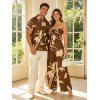 Vacation Couple Outfit Hand‑Drawn Orchid Floral Print Pocket Off the Shoulder Jumpsuit and Shirt Set - café S | US 4