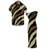 Vacation Couple Outfit Colorblock Sequied Zebra Print Ruched One Shoulder Bodycon Dress and Shirt Set - Vert Armée S | US 4