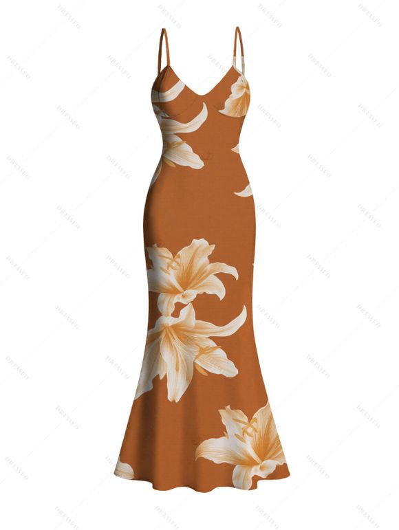 Vacation Dress Watercolor Lily Floral Print Spaghetti Strap Mermaid Bodycon Dress - Brun Légère XXL | US 14